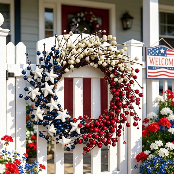 Independence Day Berry Star Flower Hanging Ornament, Multicolor Plastic Patriotic Themed Wall Hanging Decor with Natural Rattan Base, Reusable Home Party Front Door Porch Decoration