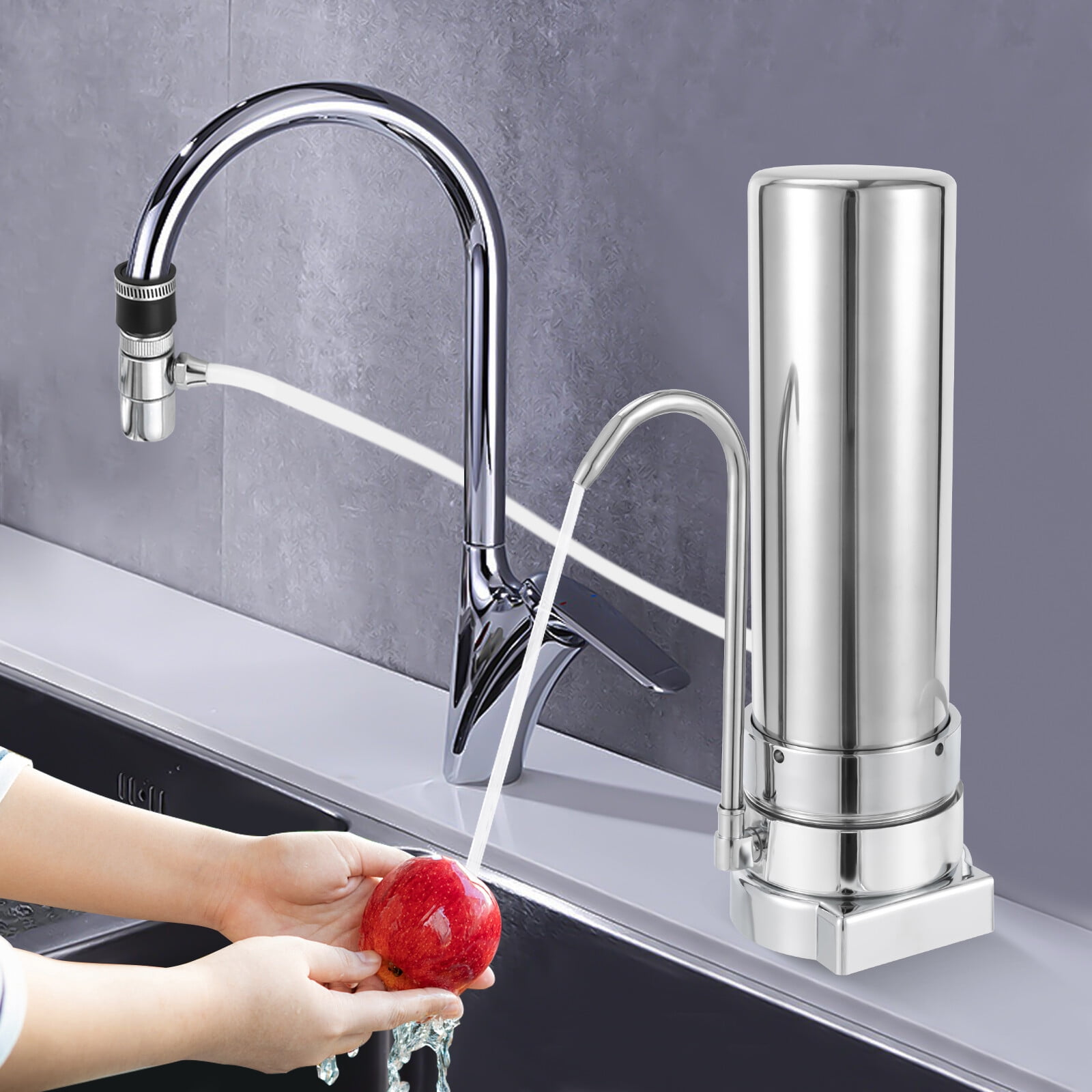 Portable Stainless Steel Countertop Water Filter System, Tap Water Purifier with Rotatable Spout, for Home Office Drinking Use