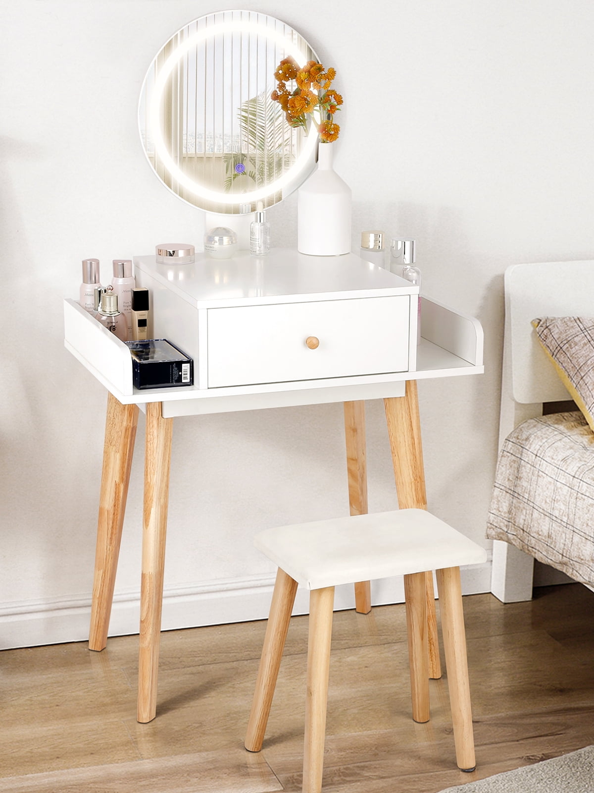 Details about   Modern Lighted Makeup Vanity Table 3 Mirrors,4 Drawers & Padded Stool White+Gold 