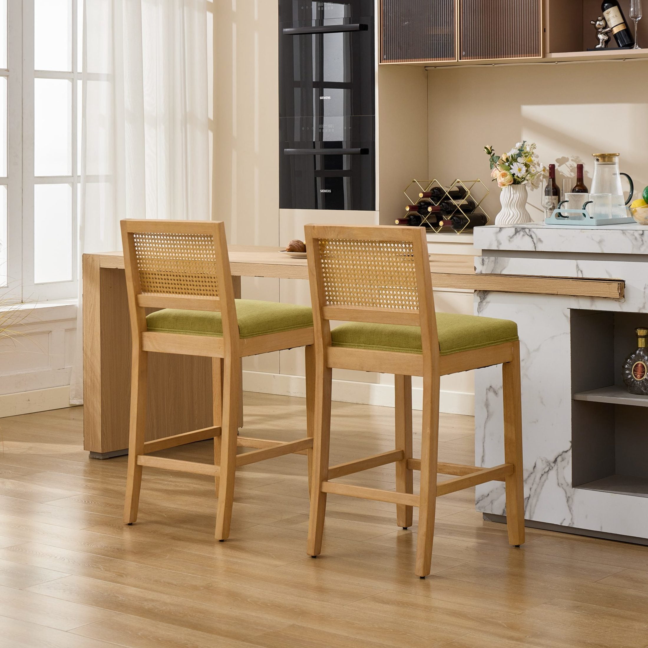 GDF Studio 19.7" Rustic Bar Stools Set of 2 with Linen Cushioned Seat & Rattan-Inspired Backrest, Green