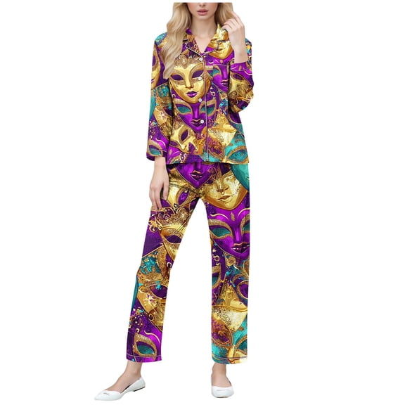 Tnhcen Women's Carnival Print Button Front Turn - down Collar Long Sleeve Full Length Pajama Set 95% Polyester 5% Spandex Soft Stretchy Sleepwear, S - 2XL