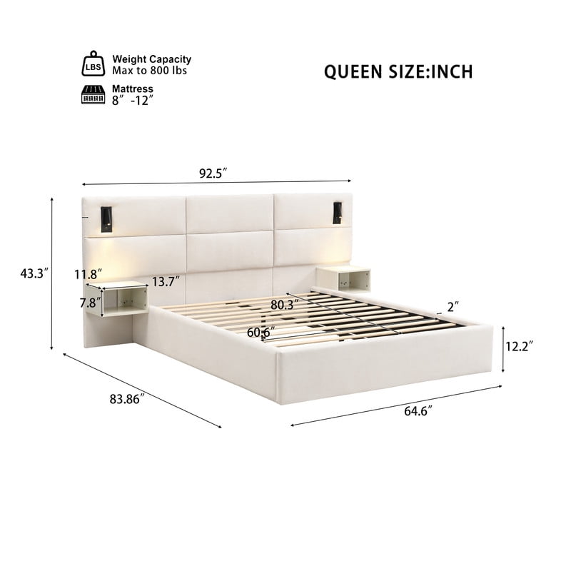 Queen Size Upholstered Bed Frame with 2 Reading Lights on Large Headboard, Storage Platform Bed Frame with 2 Open Shelves