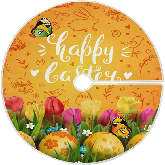 FMSHPON Easter Tree Skirt Colorful Eggs Bunny Xmas Christmas Tree Skirt Stand Mat for Holiday Party Decoration Indoor Outdoor 48 inches