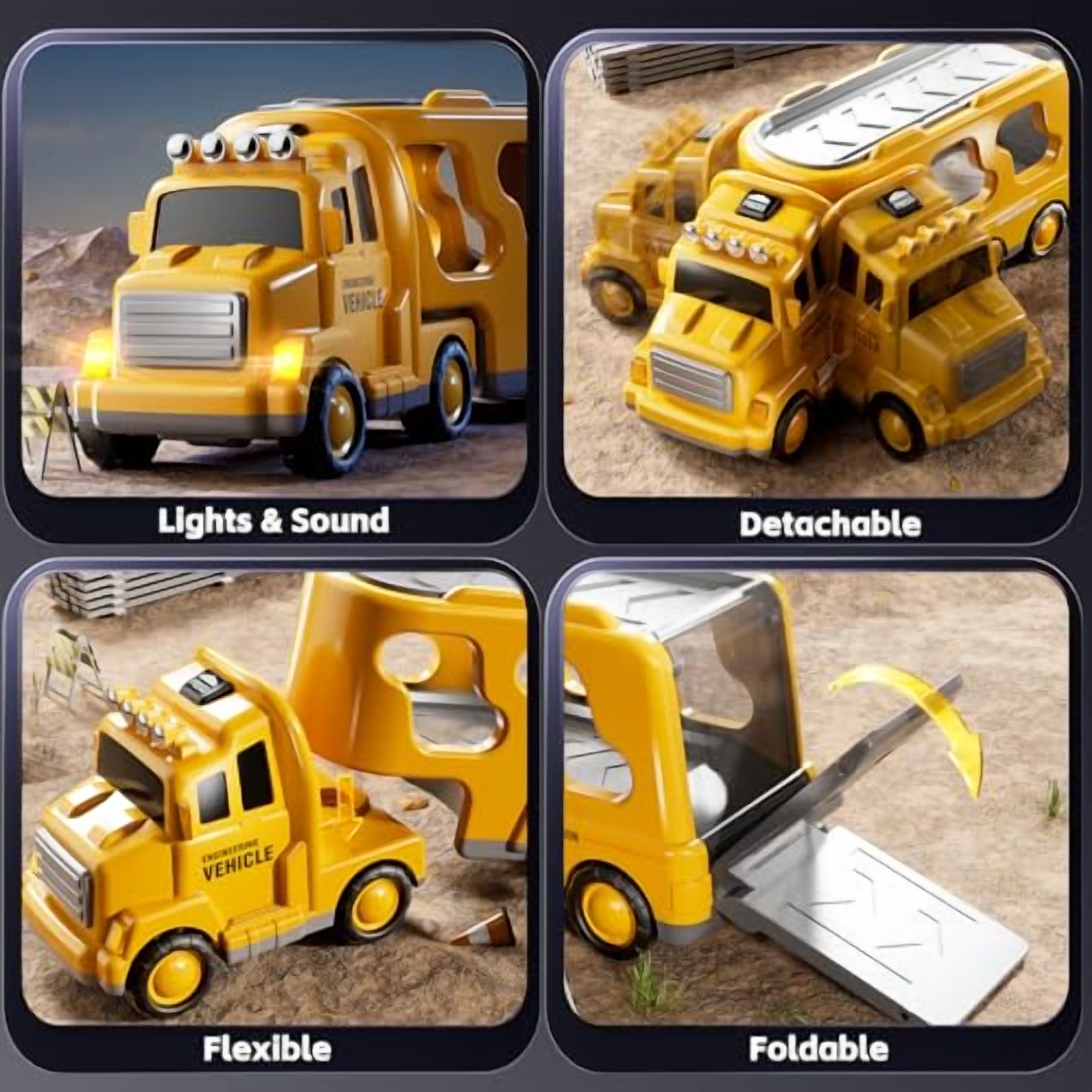 Construction Trucks Toys for 2 3 4 5 Years Old Boys - 5-in-1 Carrier Transport Vehicle Truck for Toddlers 2-4 Years with Crane,Mixer,Pushdozer and Excavator,Car Toys Birthdays Gift
