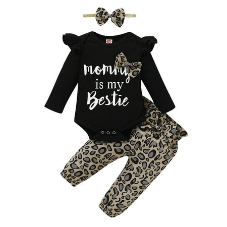 

KIMI BEAR Romper Outfits For Newborn Baby Girls 3 Months Girls Fall Winter Clothing Set Letter Print Long Sleeve Jumpsuit Leopard Pants Headband 3PCs Set 3-6 Months Black