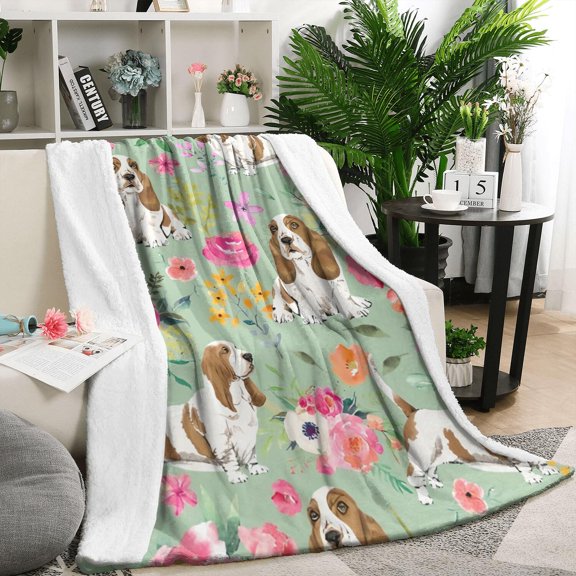 Basset Hound and Flowers Blanket,Comfortable Soft Flannel Throw Blanket,All Season,Warm Lightweight Blankets for Sofa Bed Couch Living Room Chair,50"x60"(130x150cm)