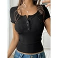 thumbnail image 5 of Women'S Summer Short Sleeve V Neck T Shirts Casual Button Henley Knit Tops Blouse Black L, 5 of 8