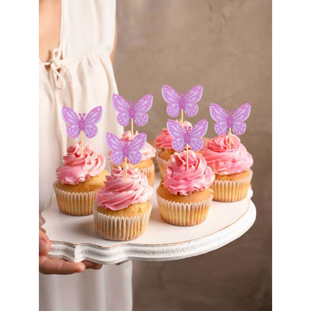 12pcs Sweet Two Layer Butterfly Cupcake Toppers Glitter Butterfly Cupcake Picks ForWedding Engagement Bridal Shower Birthday Party Cake Topper Decorat