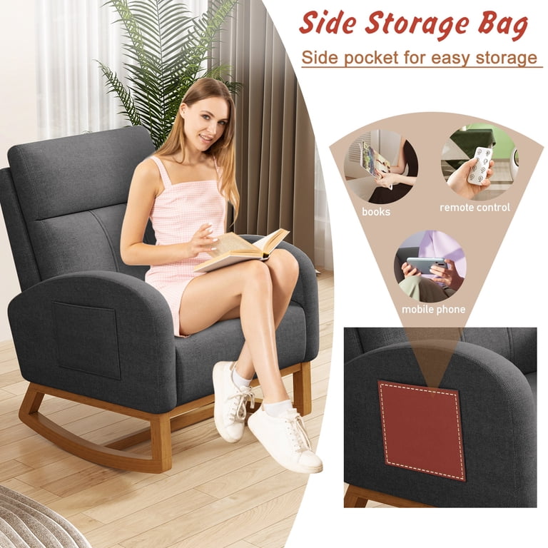 Nursery Glider Rocking Chair - High Back Upholstered Accent Chair With Side Pocket, Grey Linen