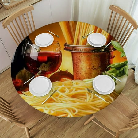

Patifu Pasta Vegetables Wine Round Tablecloth Waterproof Resistant Fabric Ideal for Indoor and Outdoor Use 54 -58