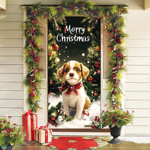 Zenithome Adorable Cheerful Festive Multicolor Christmas Dog Door Cover In 35.43x70.87In Soft Sturdy For Front Door Living Room Outdoor Holiday Home Party Decor