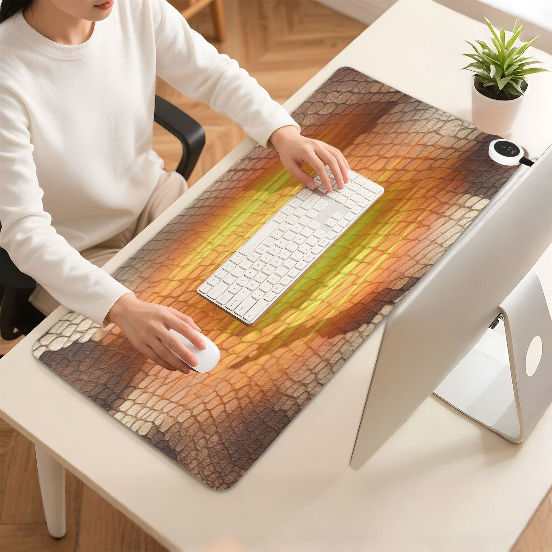 Large Heated Desk Mat Mouse Pad 31.5"x13"PU Leather Graphene Heating Desk Warmer with 3 Temperature Settings 110V US Plug Non-Slip Warm Pad for Home, Office, and Gaming Brown Snake Skin Pattern
