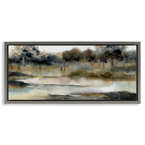Trees By Lakeside Landscape Gray Floating Frame Canvas Art, 31 x 14, Made In USA