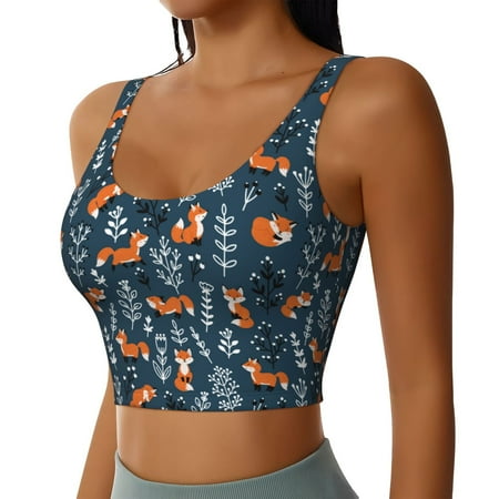 Haiem cute fall fox Pattern Womens Sports Bra - U Neck Padded Low Impact Yoga Bra Workout Crop Top Gym Moisture-Wicking Workout Vest -Medium
