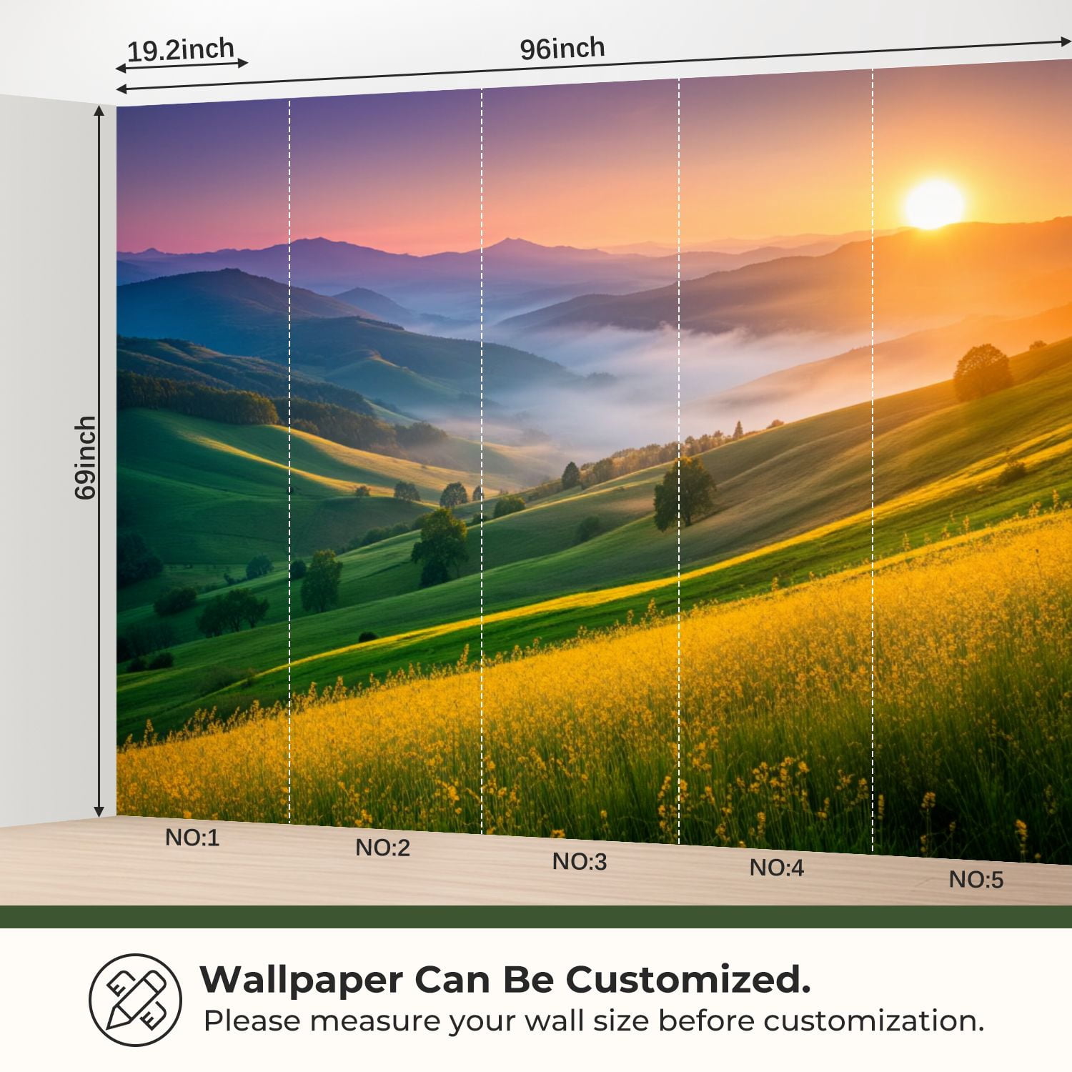 69"x98" Wall Mural Peel and Stick Wallpaper Serene Mountain Valley Sunrise Misty Hills Vibrant Wall Decor Self Adhesive Removable Wall Stickers for Bedroom Living Room