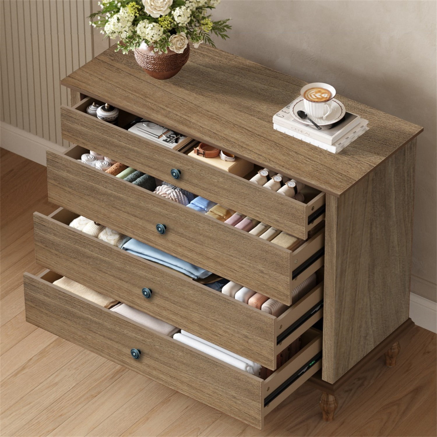 Hommoo Antique-Style 4-Drawer Dresser with Solid Wood Feet, Large Bedroom/Nursery Chest with Anti-Tip Kit, Metal Knobs & Ball-Bearing Slides, Light Brown