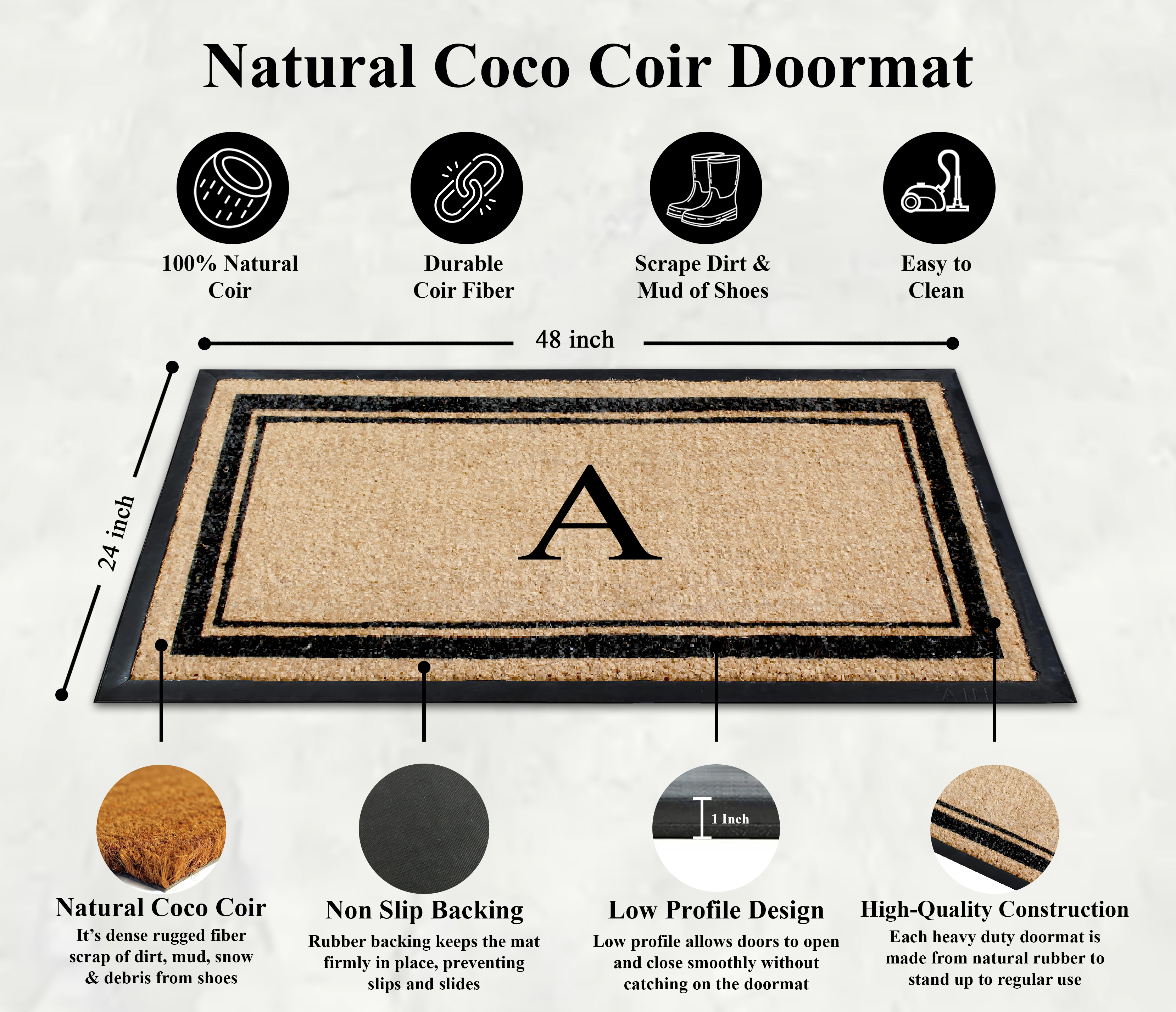 A1HC Natural Coir & Rubber 24"x48" Monogrammed Plain Border Door Mat, Heavy-Duty, Low-Profile, Anti-Shed, Easy to Clean, Outdoor
