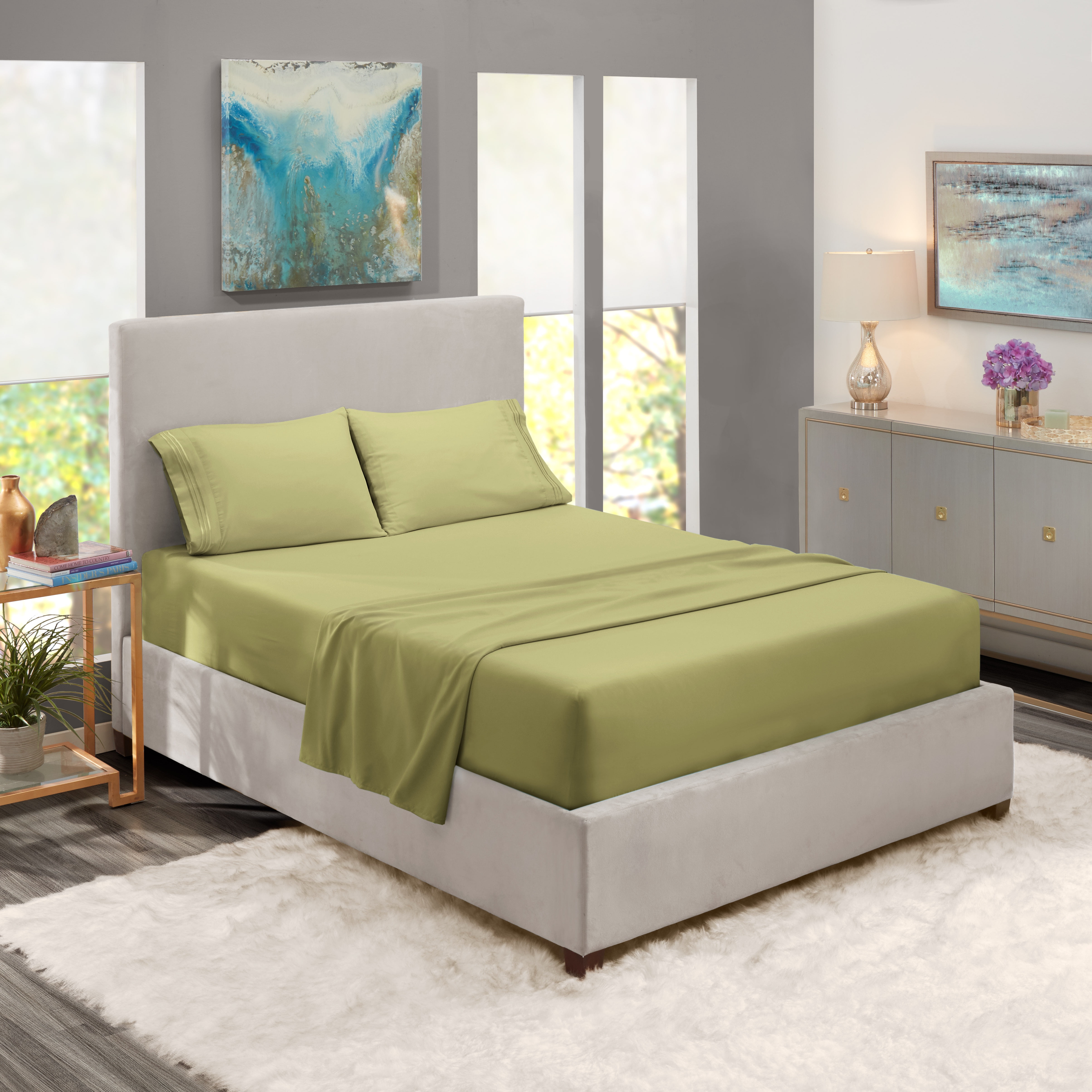 GOOFUN Fitted Sheet Microfiber Bedding Sheets Green Leaf Queen Size