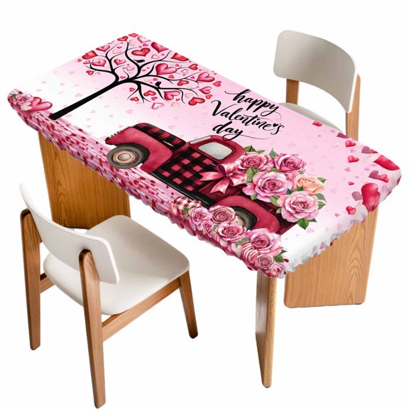 Valentine's Day Table Cloths for 3 Foot Rectangle Tables, Romantic Love Tree Branch Truck Roses Ombre Pink Patio Waterproof Elastic Fitted Tablecloths, Washable Rectangular Table Cover for Camping