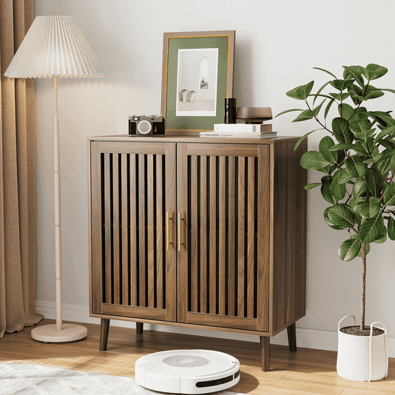 Semiocthome Buffet Cabinet with Storage, 35" Tall Sideboard with 2 Slatted Doors and Adjustable Shelf, Coffee Bar for Dining Room, Kitchen, Walnut