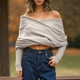 thumbnail image 2 of PMVFHDE Women's V-Neck Cross Front Solid Color Sweater Versatile Off Shoulder Way Scarf Top Beige,One Size, 2 of 5