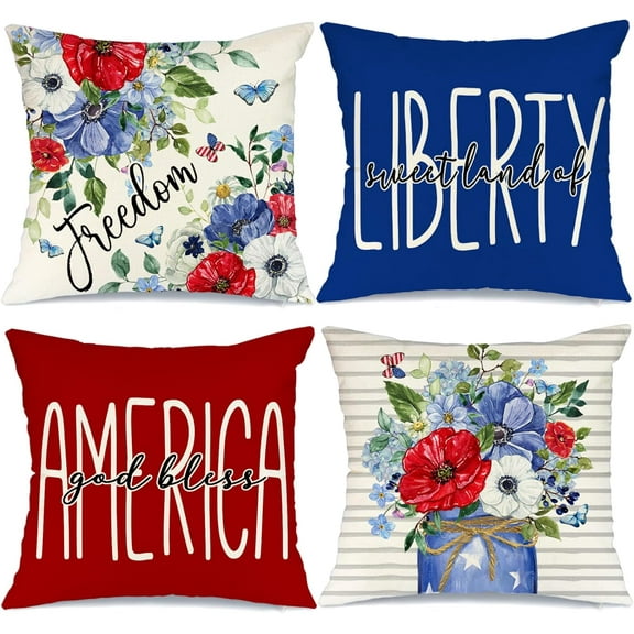 4th of July Decorations Pillow Covers 18 x 18 Set of 4 God Bless America Land of Liberty Floral Jar Throw Pillow Covers Patriotic Pillows Independence Memorial Day Decor Cushion Case G318-18