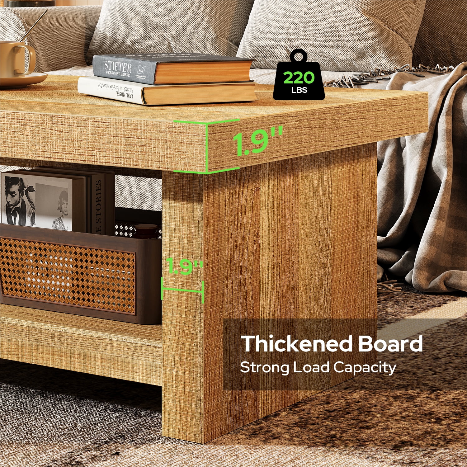 47" Rectangle Farmhouse Coffee Table, 2-Tier Storage Center Tables, Wooden Rectangular Table, Low Cocktail Tea Table for Living Room, Thick & Sturdy Base, Easy Assembly, Natural