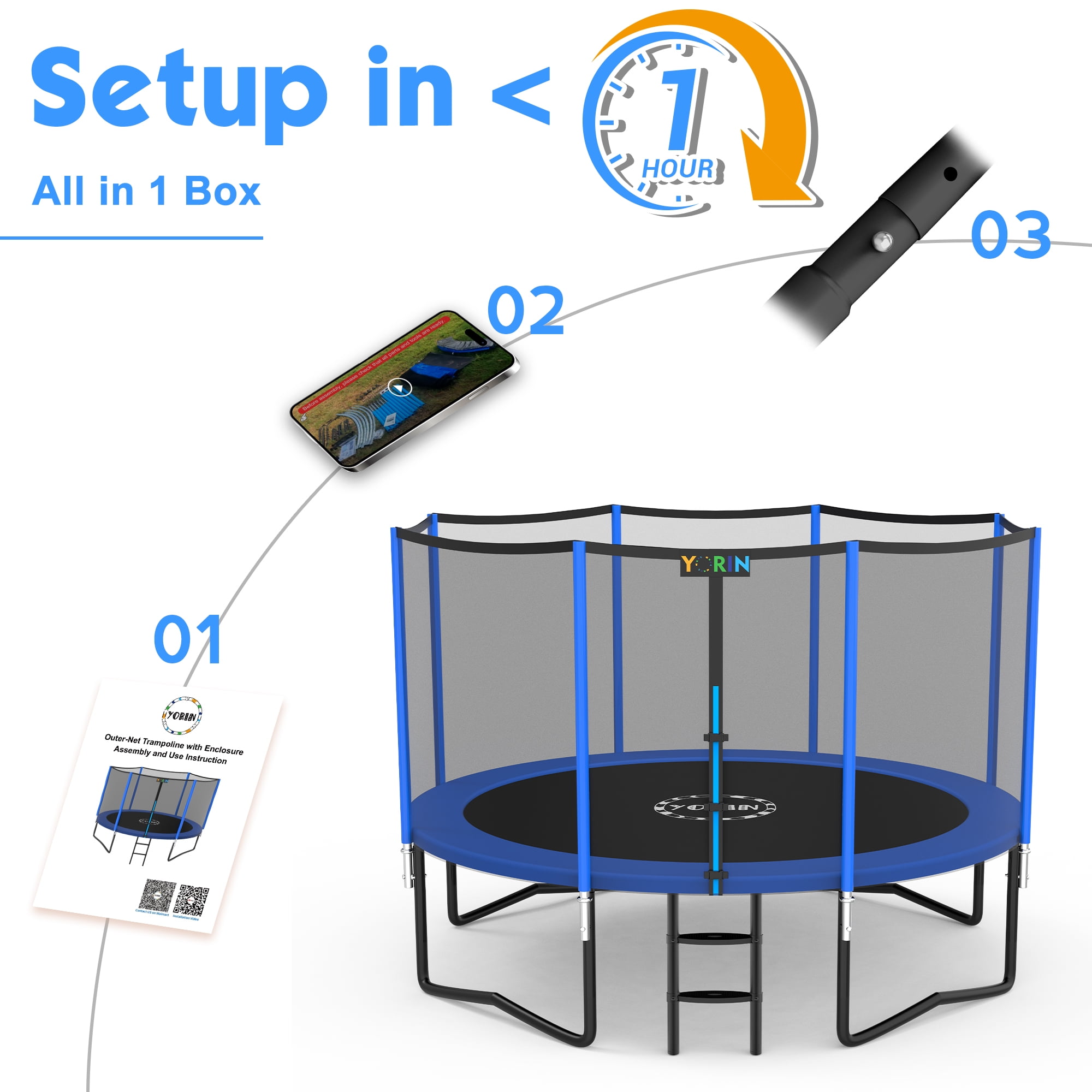YORIN 12FT 14FT 8FT 10FT Trampoline with Enclusore Net, Sprinkler & LED Lights, 1200LBS Capacity Outdoor Trampoline for 5-6 Kids, Safety Enclosure Net, Ladder, Heavy-Duty Backyard Round Trampoline