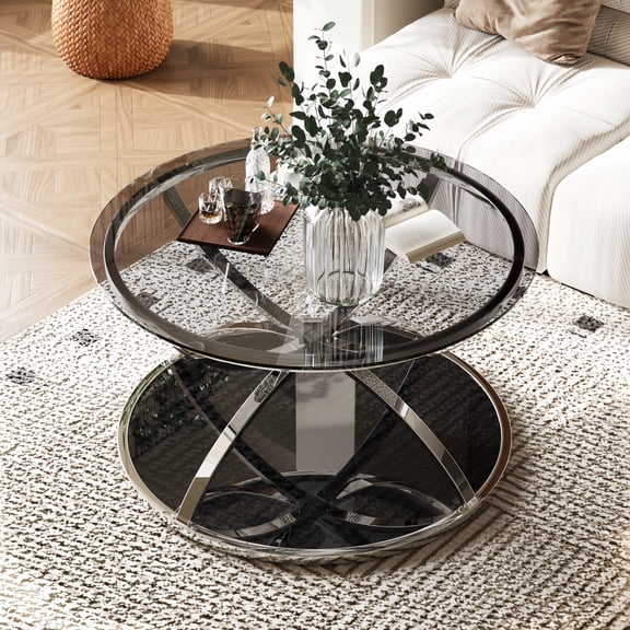 Atumcto 31.5" Round Glass Coffee Table, 2-Tier Modern Center Table with Tempered Glass Top, Chrome Ring Frame, Silver Finish