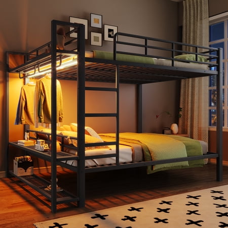 Harper & Bright Designs Queen Size Metal Bunk Bed with Storage Mesh Shelves and Clothes Hooks, Queen over Queen Heavy Duty Bunk Bed Frame with LED Light for Apartment Dormitory, Black