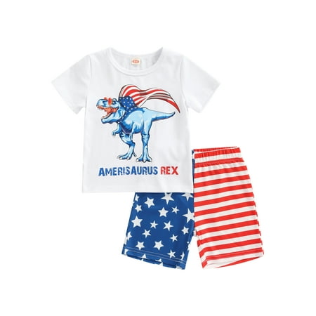 

ASashitenel Toddler Boys Girls Summer 2pcs Set Independence Day Clothes Cartoon Dinosaur Print Tops+Stars Stripe Shorts Outfit