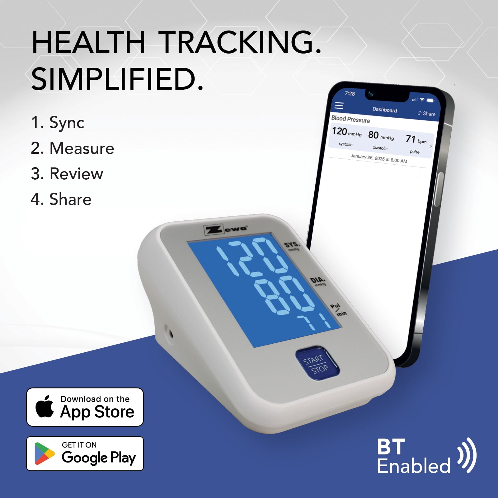 Zewa Bluetooth Arm Blood Pressure Monitor | 60-Reading Memory | Irregular Heartbeat Detection | Illuminated Display | Adjustable Cuff (8.7”-16.5”) | Includes Batteries