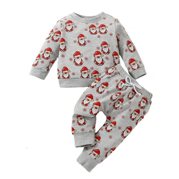 Generic Baby Kids Toddler Girls Boys Unisex Cotton Print Autumn Christmas Santa Long Sleeve Pants Pullover Sweatshirt Set Clothes for Holiday Christmas Party（2-3 Years Silver）