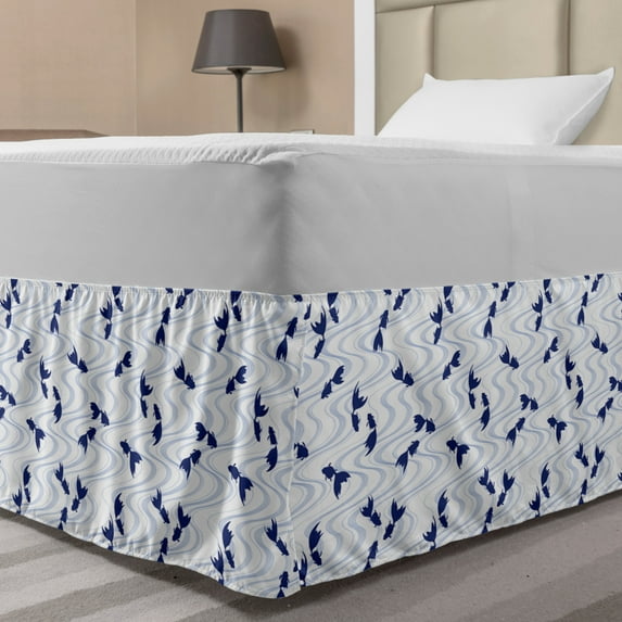 Fish Bed Skirt, Rhythmic Japanese Asian Style Waves and Koi Fish Pattern on Plain Backdrop, Elastic Bedskirt Dust Ruffle Wrap Around for Bedding Decor, 4 Sizes, White Dark Lavender, by Ambesonne