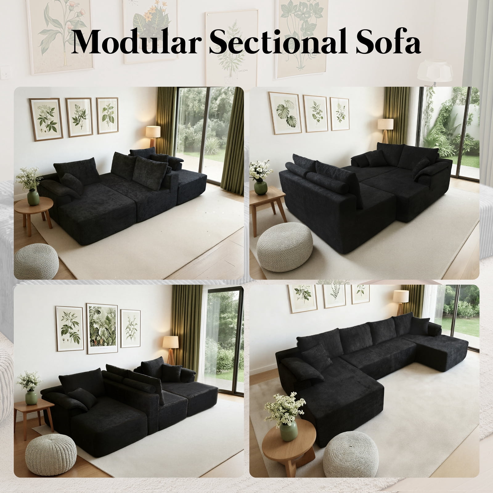 Kelyda 130'' U Shaped Sectional Couches, Modern Deep Seat Foam Boneless Cloud Sofa for Living Room Black