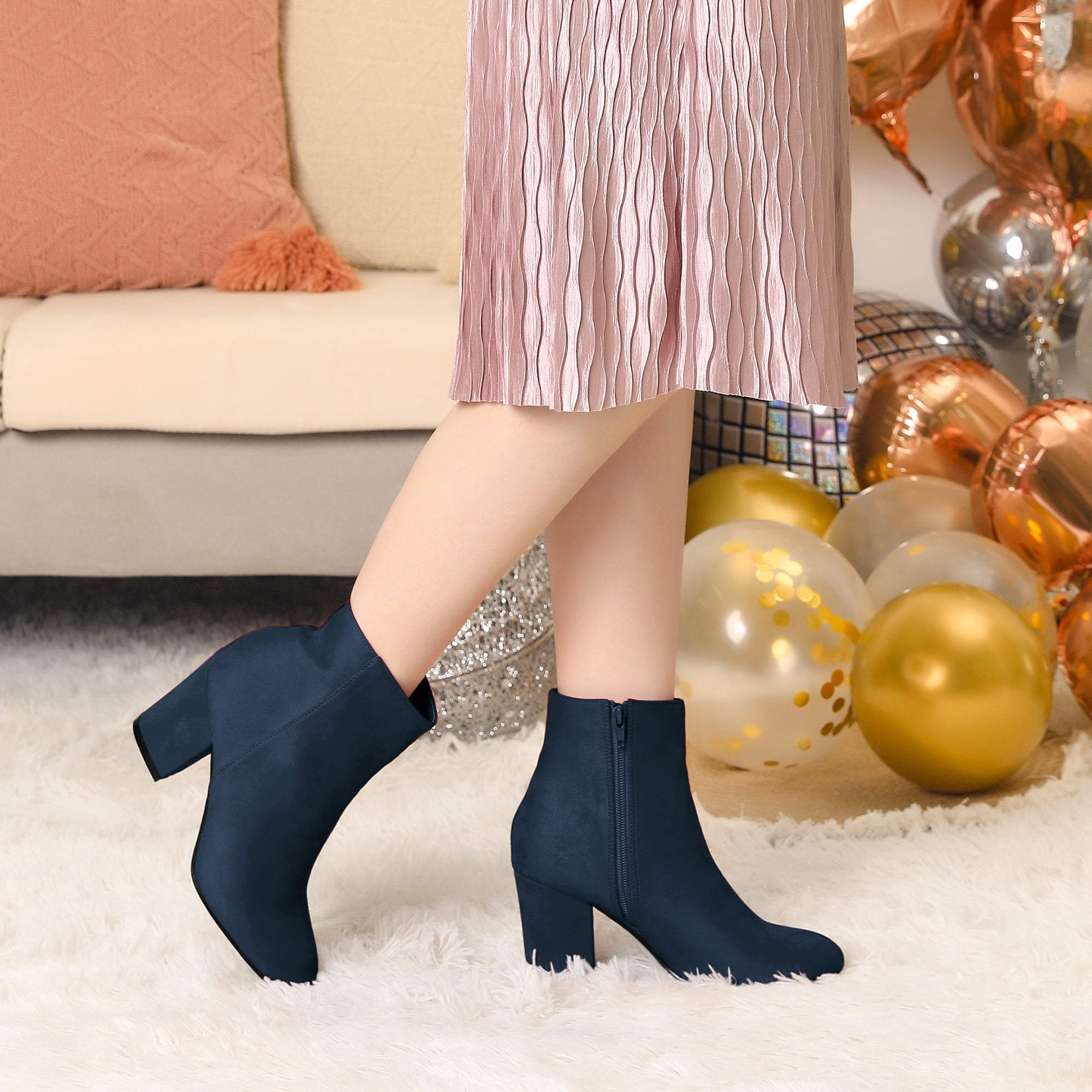 Unique Bargains Women's Round Toe Chunky Heels Ankle Boots Navy Blue 9