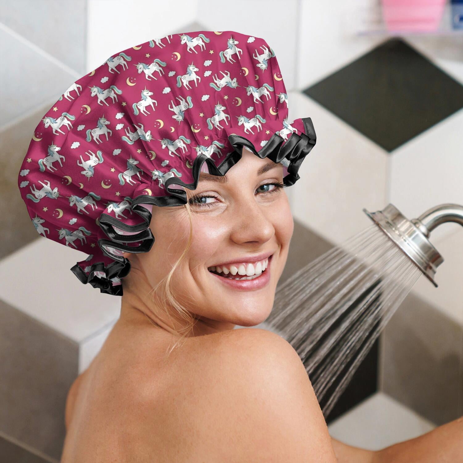 Shower Caps,Red Cartoon Unicorn Moon Star Cloud Pattern Waterproof Shower Cap for Women 4 Pieces,Double Reusable Hair Cover for Shower PEVA Elastic Stretch Hem