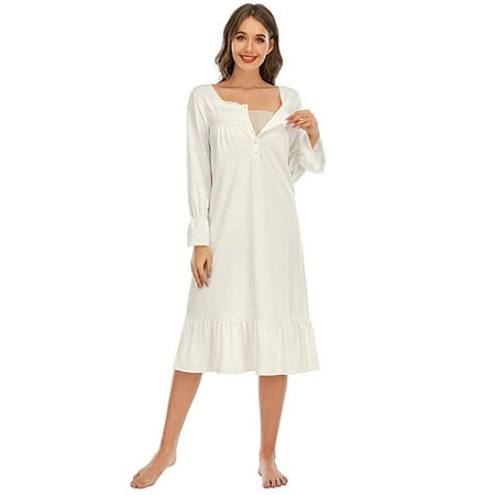 

GOODLY Nightgown Cotton Sleepshirt Long Sleeve Pajama Dress Vintage Loungewear for Women
