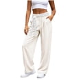 thumbnail image 3 of LIaqionyy Women's Straight Leg Pants Drawstring Elastic Waist Casual Lightweight Fashion Trousers with Pockets, 3 of 9