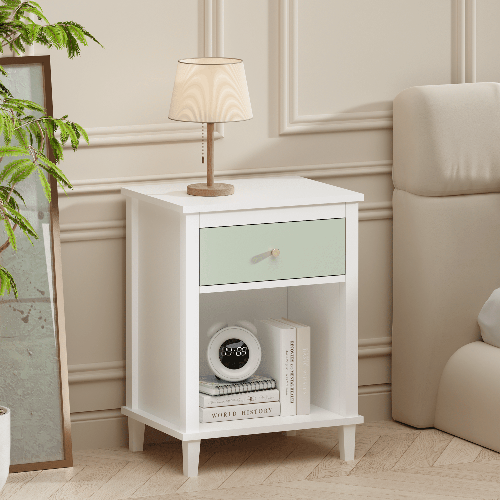 26.77"H Wooden Nightstand with One Drawer One Shelf for Kids, Adults, Sage+Golden handle