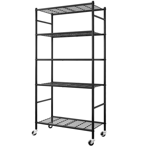 Sakugi 5-Tier Heavy Duty Storage Shelves, with Leveling Feet and Wall Bracket, 30.3" x 10.5" x 57.9", Black