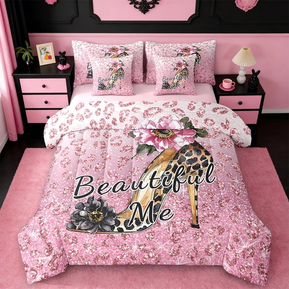 Erosebridal Leopard High Heels Bedding Sets Twin Size,Glitter Print Comforter Sets with Sheets,Black Pink Flower Bed in a Bag Twin Size,Microfiber Room Decor Reversible,7-Piece