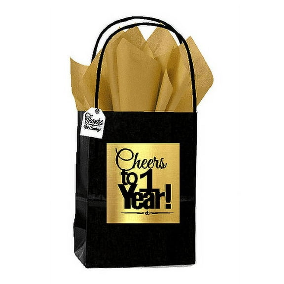 Black & Gold 1st Birthday / Anniversary Cheers Themed Small Party Favor Gift Bags with Tags -12pack
