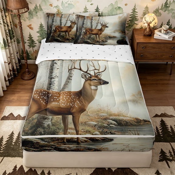 Castle Fairy Vintage Oil Paint Spotted Deer Zipper Twin Comforter Sets with Fitted Sheet and 2 Pillowcases,Autumn Birch Creek Pine Zipper Bedding Set,Ochre Brown Cream,Reversible,4-Piece