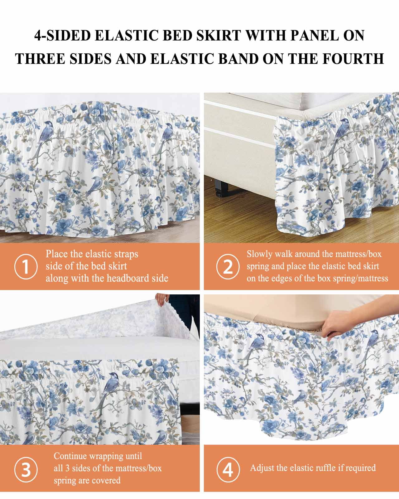 Blue Floral Birds Wrap Around Bed Skirts for King Bed 16" Drop, Bed Skirt with Adjustable Elastic Belt Dust Ruffle Bed Valance for Bedroom Hotel Luxury Farmhouse Flowers Pastoral Bed Frame Cover