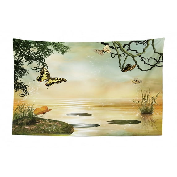 Cottage Tapestry, Cabin in Valley on Grass with Pine Forest and Starry Magic Night Sky, Fabric Wall Hanging Decor for Bedroom Living Room Dorm, 2 Sizes, Indigo and Hunter Green, by Ambesonne