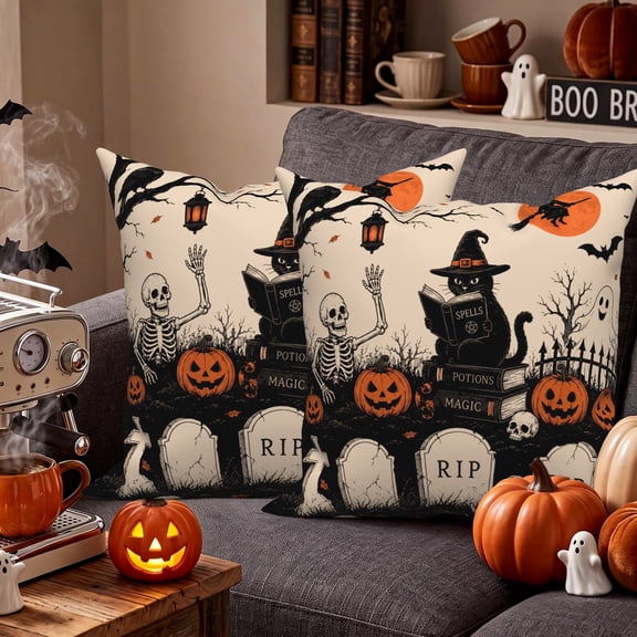 Vintage Graveyard Halloween Pillow Covers 2 Pack 18x18 Inch Double-Sided Black Cat Skeleton Witch Pumpkin Ghost Gothic Throw Pillowcase