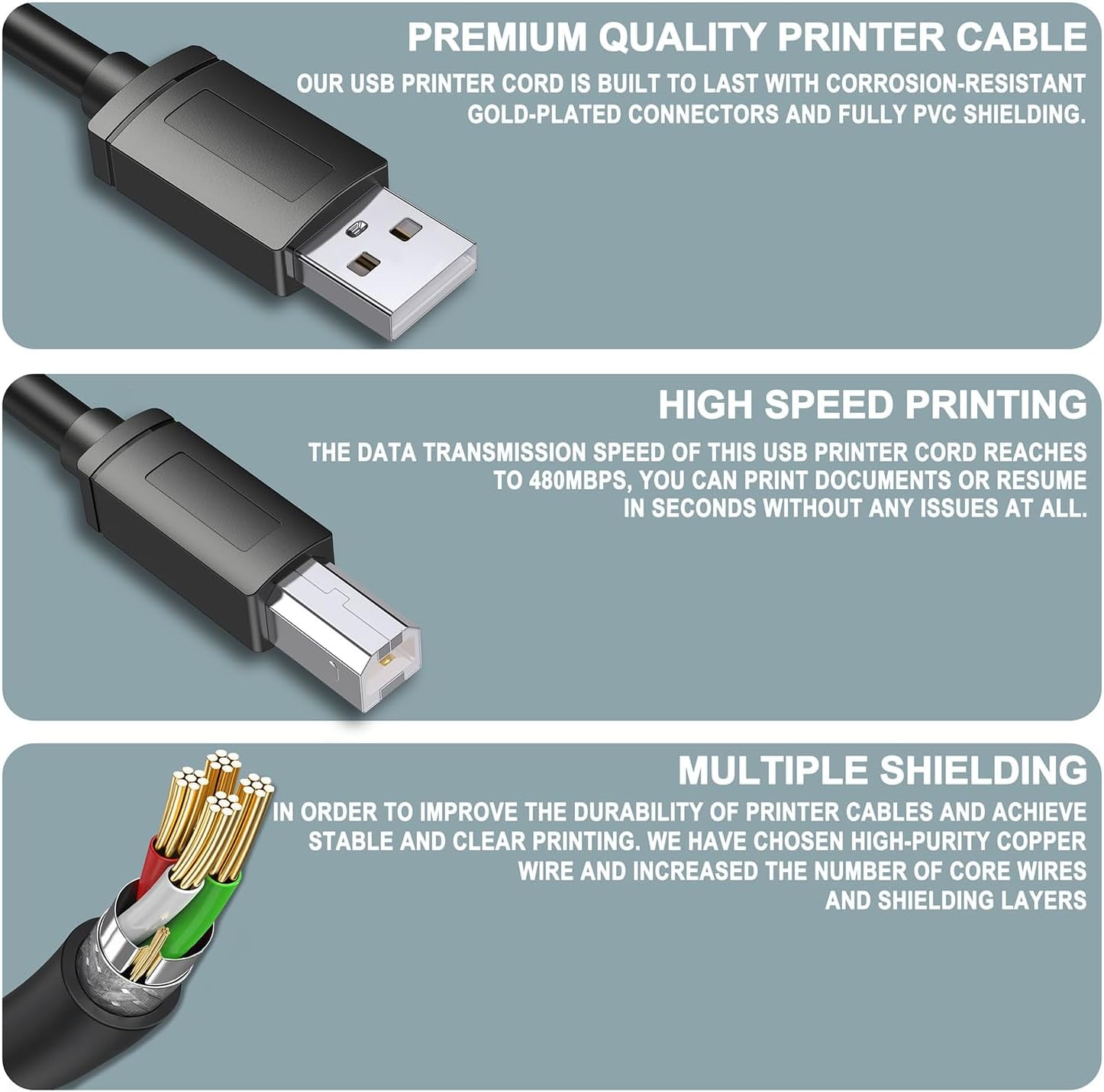 Zosvoses USB 2.0 Printer Cable 10ft - Compatible With HP, Canon, Epson Printers