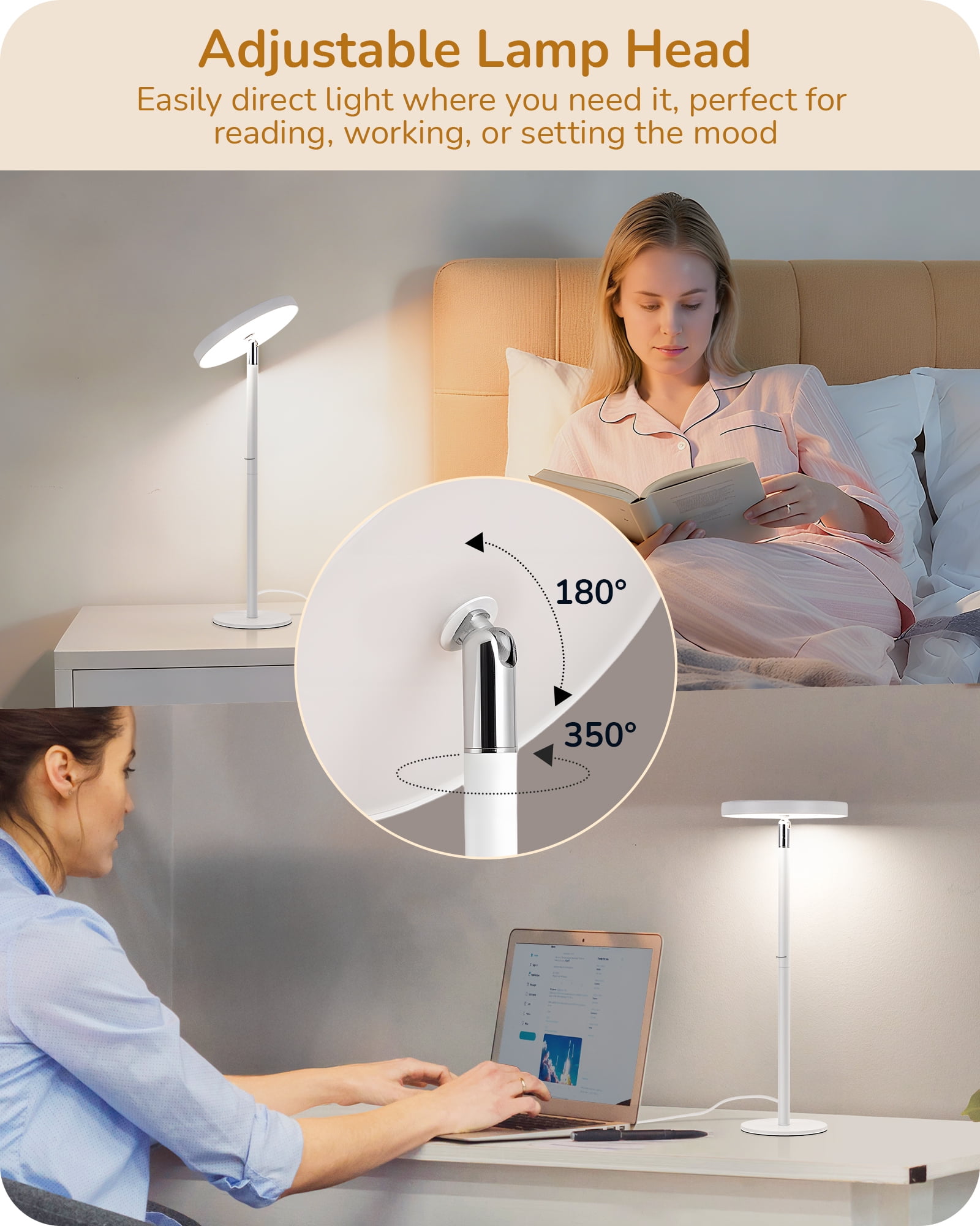 EDISHINE LED Table Lamp with 2 Adjustable Height, 5%-100% Dimmable & 3 Color Temperature, Touch Control, Modern Desk Lamp for Office, Reading, White