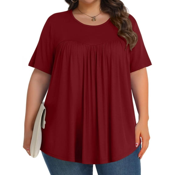 Oversized T-Shirts For Women Sevevn Women's Plus Size Fashion Casual Short Sleeve Solid Colour Round Neck Fold Blouse